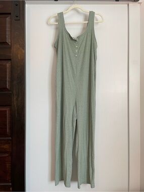 Sleeveless Ribbed Wide-Leg Jumpsuit in Sage Green